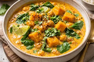 Creamy pumpkin and chickpea curry with coconut milk and spinach