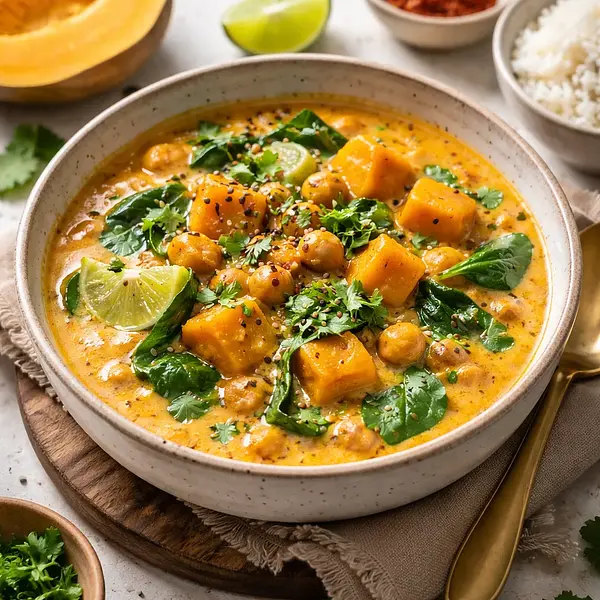 Creamy pumpkin and chickpea curry with coconut milk and spinach