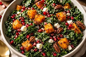 Autumn Salad with Roasted Butternut Squash, Kale, and Pomegranate