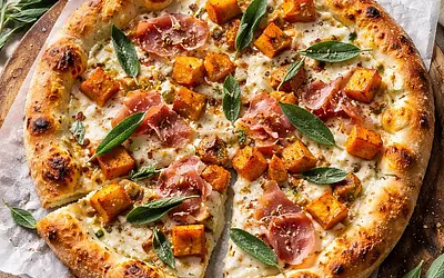 White Pizza with Pumpkin, Sage, and Prosciutto