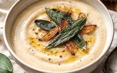 Velvety roasted parsnip cream with a hint of pear and crispy sage chips