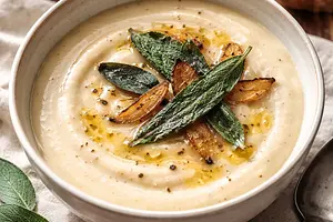Velvety roasted parsnip cream with a hint of pear and crispy sage chips