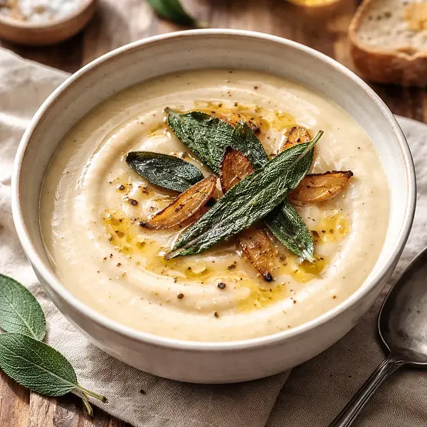 Velvety roasted parsnip cream with a hint of pear and crispy sage chips
