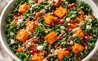 Salad with Roasted Butternut Squash, Kale, and Pomegranate in Maple-Tahini Dressing