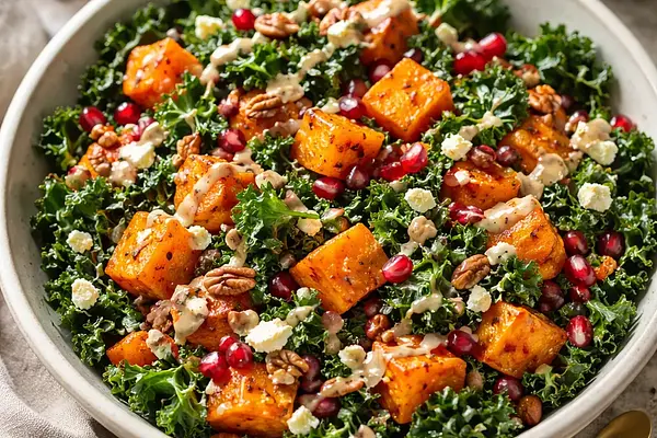 Sałatka z pieczoną dynią piżmową, jarmużem i granatem w sosie klonowo-tahinowym