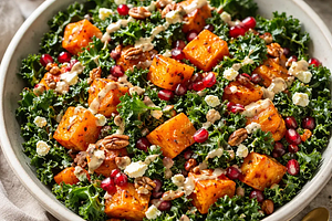 Salad with Roasted Butternut Squash, Kale, and Pomegranate in Maple-Tahini Dressing