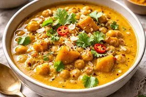 Velvety pumpkin and chickpea curry with a hint of coconut and ginger