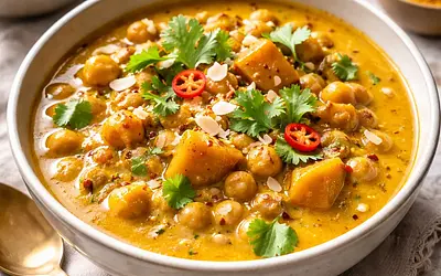 Velvety pumpkin and chickpea curry with a hint of coconut and ginger