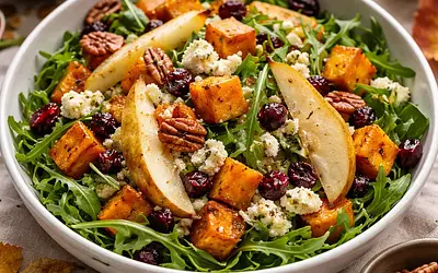 Autumn Salad with Roasted Pumpkin, Pear, and Gorgonzola Cheese