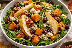 Autumn Salad with Roasted Pumpkin, Pear, and Gorgonzola Cheese