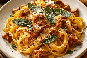 Autumn Tagliatelle with Creamy Pumpkin Sauce, Chanterelles, and Crispy Sage