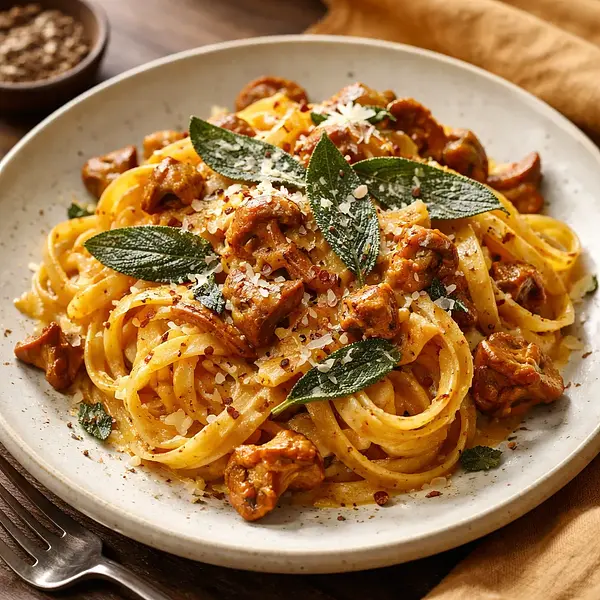 Autumn Tagliatelle with Creamy Pumpkin Sauce, Chanterelles, and Crispy Sage