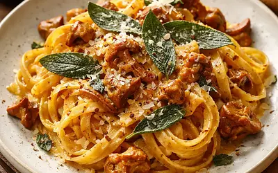 Autumn Tagliatelle with Creamy Pumpkin Sauce, Chanterelles, and Crispy Sage