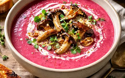 Creamy soup of roasted beets and wild mushrooms with a hint of horseradish