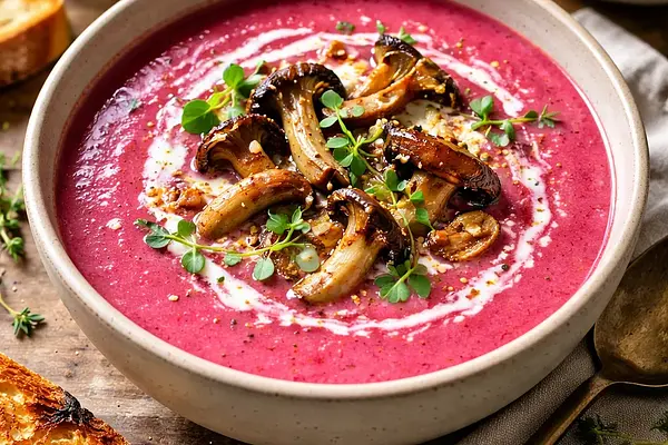 Kremowa zupa z pieczonych buraków i grzybów leśnych z nutą chrzanu