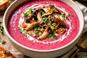 Creamy soup of roasted beets and wild mushrooms with a hint of horseradish