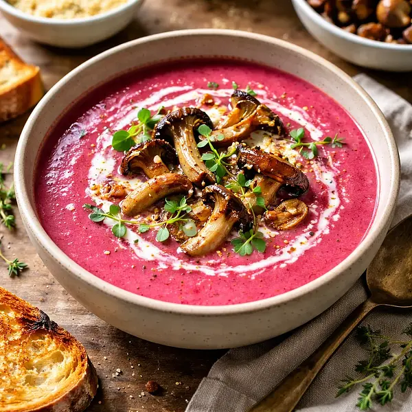 Creamy soup of roasted beets and wild mushrooms with a hint of horseradish