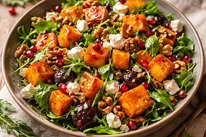 Autumn salad with roasted pumpkin, feta cheese, and walnuts