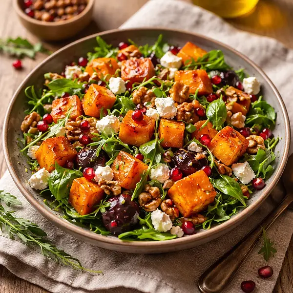 Autumn salad with roasted pumpkin, feta cheese, and walnuts