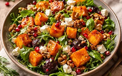Autumn salad with roasted pumpkin, feta cheese, and walnuts
