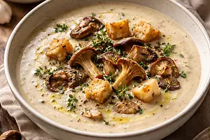 Creamy Forest Mushroom Soup with Thyme and Croutons