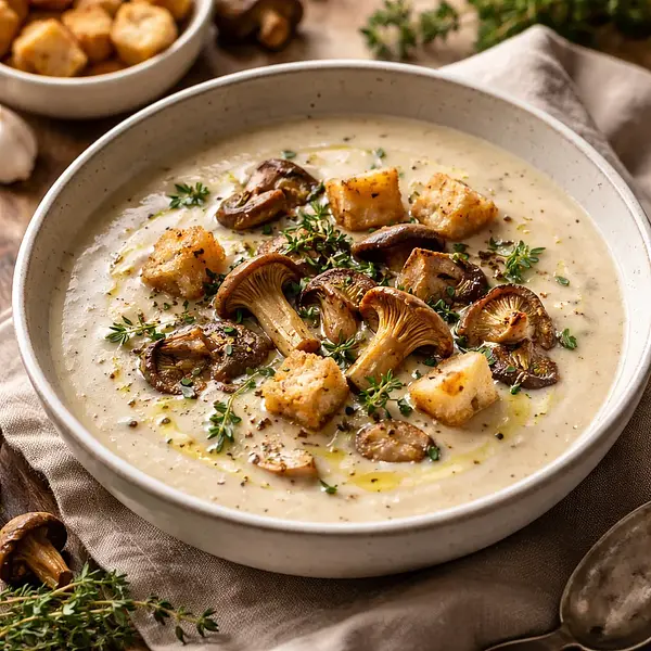 Creamy Forest Mushroom Soup with Thyme and Croutons
