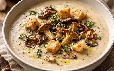 Creamy Forest Mushroom Soup with Thyme and Croutons