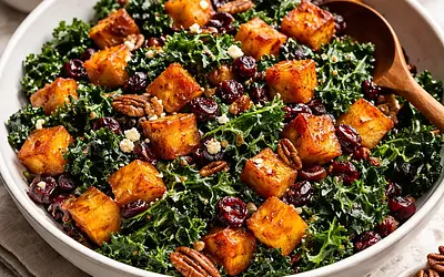 Warm salad with roasted butternut squash, kale, and cranberries in maple-balsamic dressing