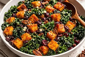 Warm salad with roasted butternut squash, kale, and cranberries in maple-balsamic dressing