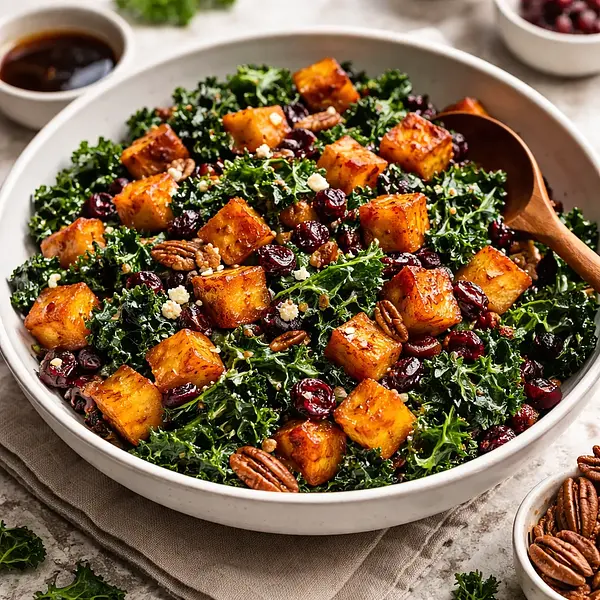 Warm salad with roasted butternut squash, kale, and cranberries in maple-balsamic dressing