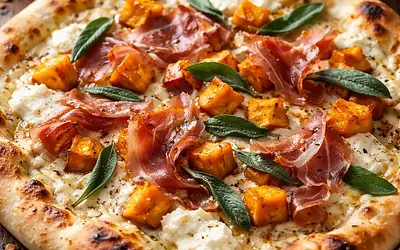White Pizza with Roasted Pumpkin, Sage, and Prosciutto