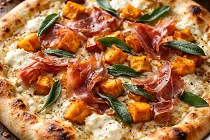 White Pizza with Roasted Pumpkin, Sage, and Prosciutto