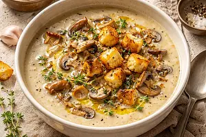 Creamy Mushroom Soup from Forest Treasures with Thyme Garlic Croutons