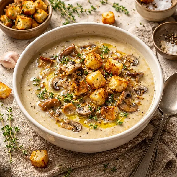 Creamy Mushroom Soup from Forest Treasures with Thyme Garlic Croutons