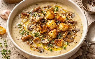 Creamy Mushroom Soup from Forest Treasures with Thyme Garlic Croutons