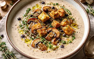 Creamy Mushroom Soup with a Hint of Juniper and Herbed Croutons