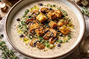 Creamy Mushroom Soup with a Hint of Juniper and Herbed Croutons