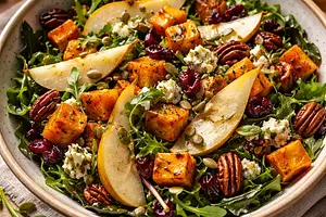 Autumn Salad with Roasted Pumpkin, Pear, and Gorgonzola Cheese