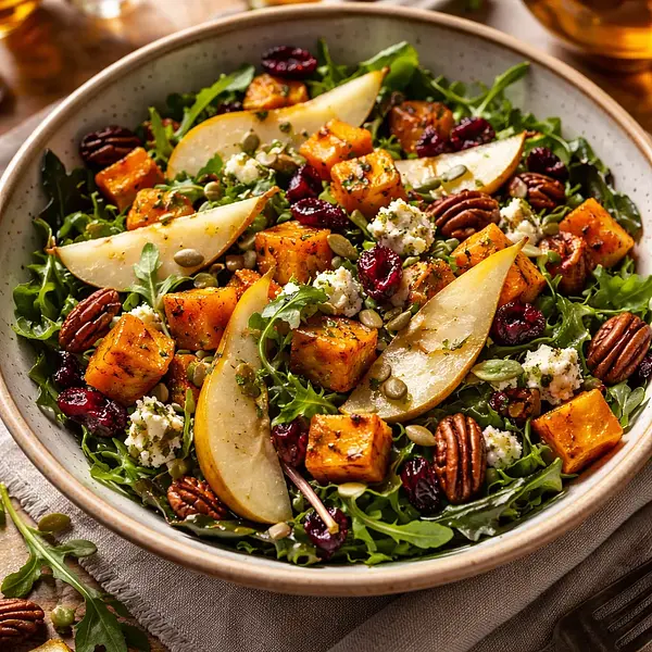 Autumn Salad with Roasted Pumpkin, Pear, and Gorgonzola Cheese