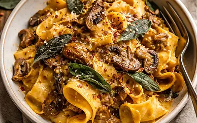 Autumn Pappardelle with Creamy Pumpkin Sauce, Forest Mushrooms, and Crispy Sage