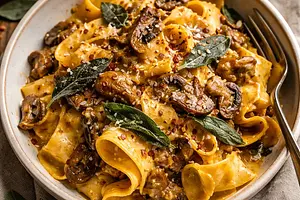 Autumn Pappardelle with Creamy Pumpkin Sauce, Forest Mushrooms, and Crispy Sage