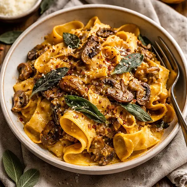 Autumn Pappardelle with Creamy Pumpkin Sauce, Forest Mushrooms, and Crispy Sage