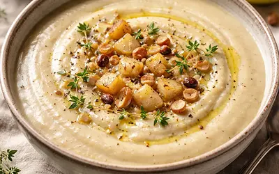 Velvety cream of roasted celery and pear with a hint of vanilla and toasted nuts