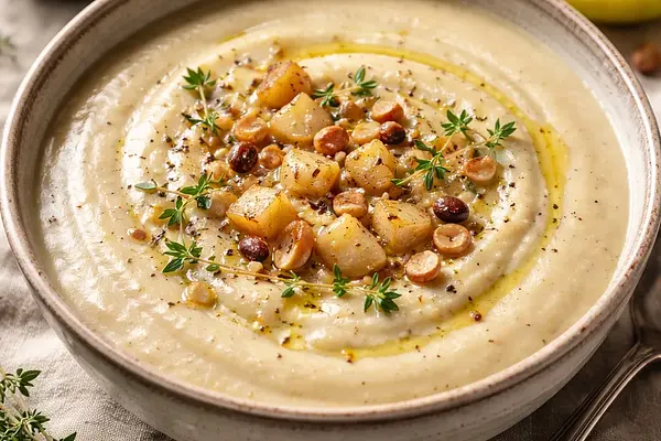 Aksamitny krem z pieczonego selera i gruszki z nutą wanilii i prażonymi orzechami