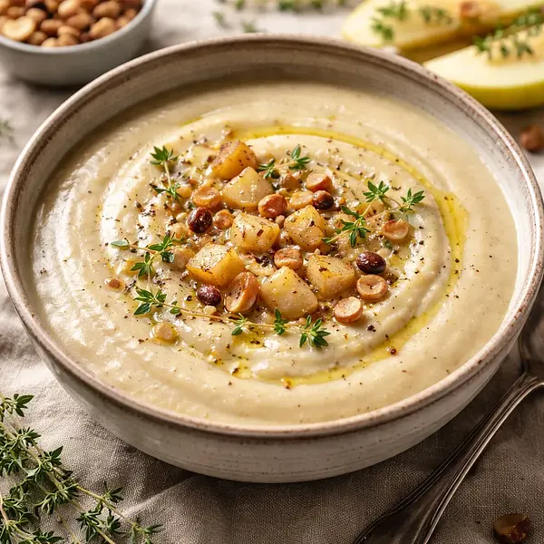 Velvety cream of roasted celery and pear with a hint of vanilla and toasted nuts