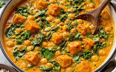 Creamy curry with pumpkin, chickpeas, and spinach