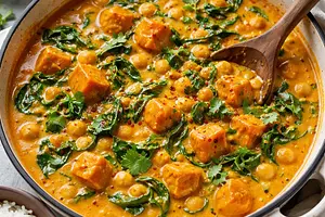 Creamy curry with pumpkin, chickpeas, and spinach