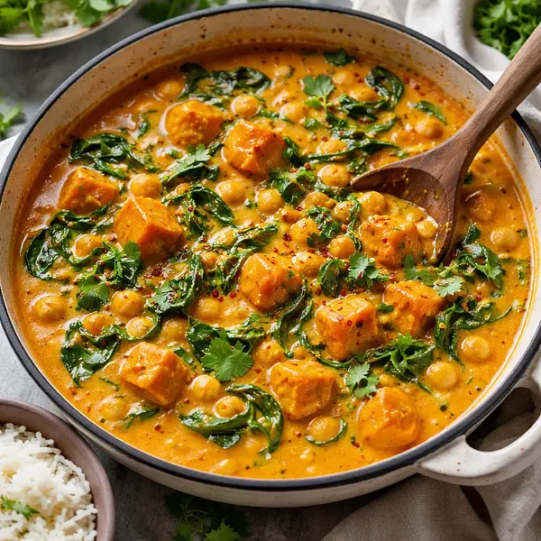 Creamy curry with pumpkin, chickpeas, and spinach