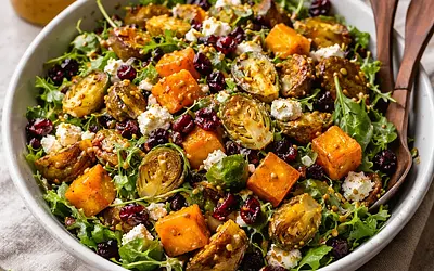 Autumn salad with roasted butternut squash, Brussels sprouts, and maple mustard dressing