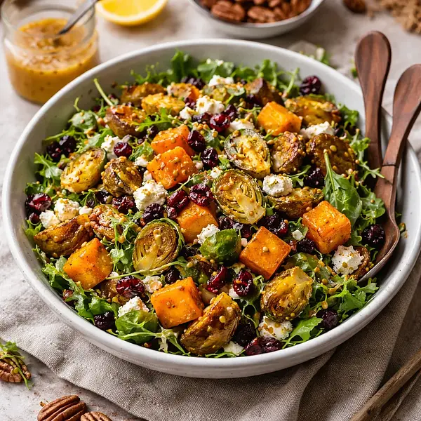 Autumn salad with roasted butternut squash, Brussels sprouts, and maple mustard dressing